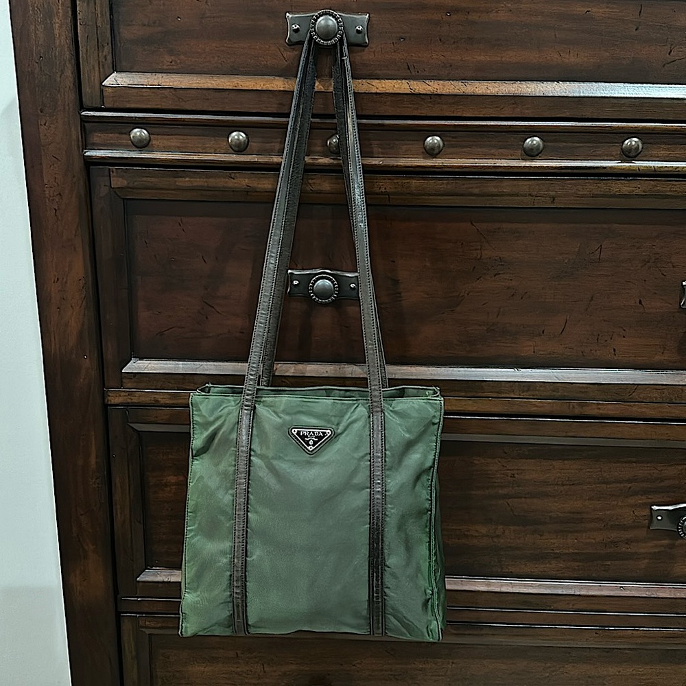 PRADA Green Tessuto Nylon Brown Leather Tote w/Iconic Triangle Logo Authentic